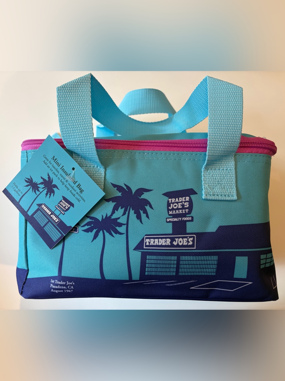 Trader Joe's Ice Blue with Pink Zipper Mini Insulated Tote SummerCollection